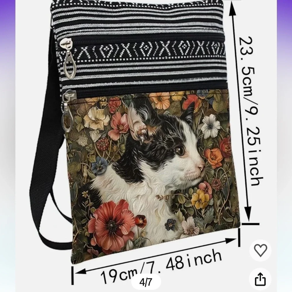 Floral Cat Messenger Bag Small Ethnic Pattern Black White Multicolor Women